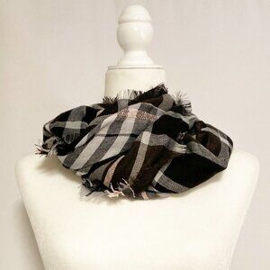 J. Jill Plaid Fringed Scarf Pink Gray Black NWT